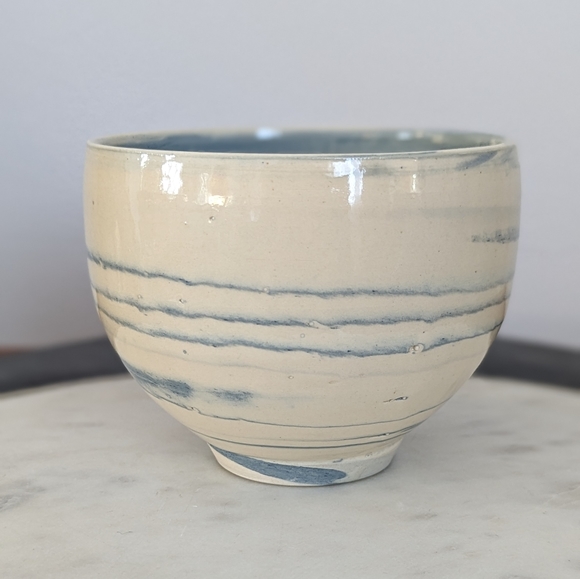 Hand Thrown Blue and Cream Marble Ceramic Bowl | Pottery | Handmade - Picture 2 of 7